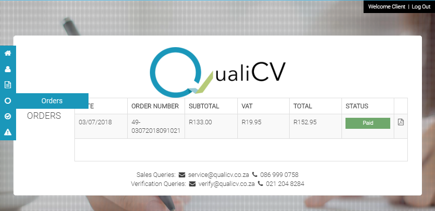 Orders Section at www.qualicv.co.za/service
