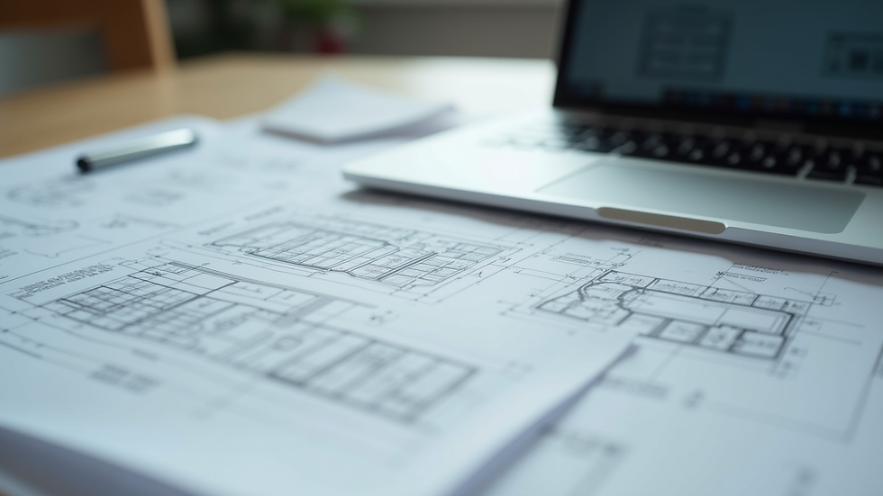 Close-up view of architectural blueprints and a laptop
