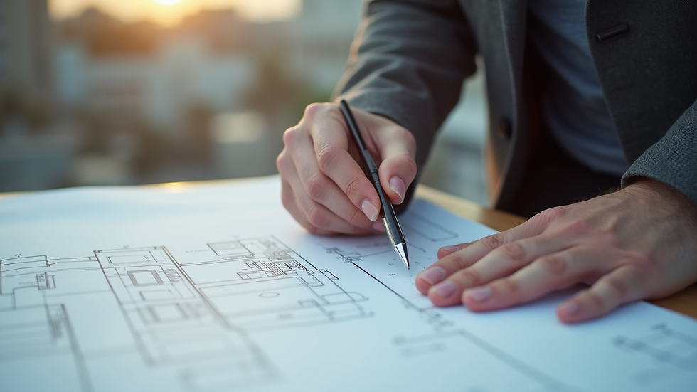 Close-up view of architect reviewing building plans on site