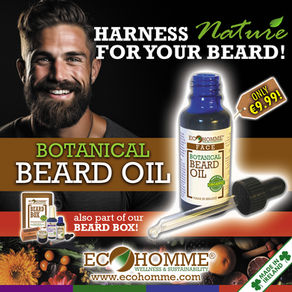 Bearded man smiles beside Botanica l beard oil bottle ad, with HARNES S Nature for your beard!, only €9.99, Ecohomme branding.