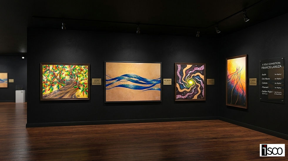 Art gallery with four vibrant abstract paintings on a dark wall. Sign reads "A Solo Exhibition: Francis Lanuza." Wooden floor and spotlights.