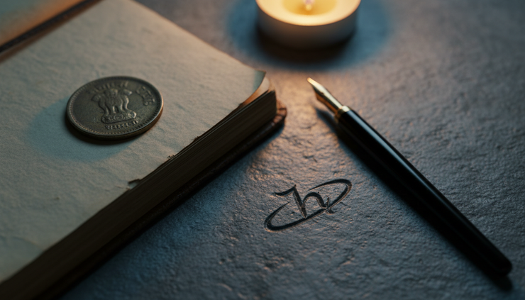 Close-up view of an old coin, a notebook, and a black ink pen placed near a small Saturn symbol