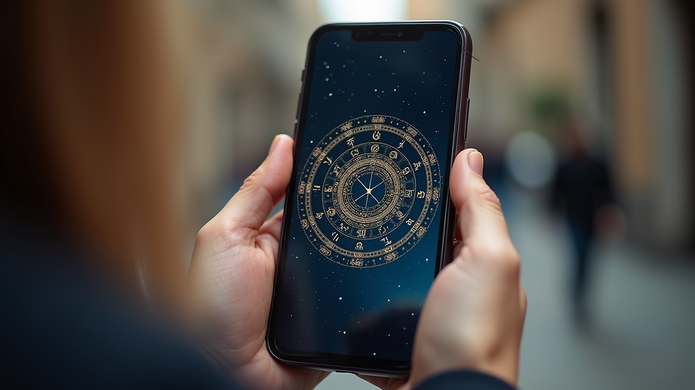 Close-up view of a person holding a smartphone displaying an astrology app