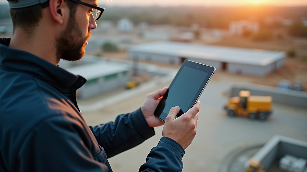 High angle view of a construction manager using a tablet on site