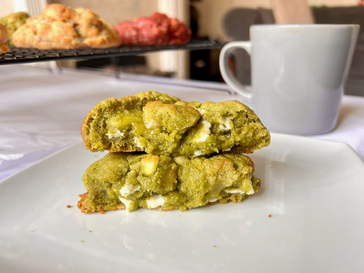 Gluten Free Matcha Macadamia NYC Cookies with cup of coffee