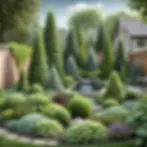 A photorealistic backyard in Rochester, MN, designed for noise reduction with layered evergreen trees, dense shrubs, and soft ground covers. The landscape features tall arborvitae trees forming a natural sound barrier, lilac and ninebark shrubs adding density, and hostas and creeping thyme covering the ground. A bubbling water feature enhances tranquility, with a wooden fence in the background partially covered by climbing hydrangea vines.