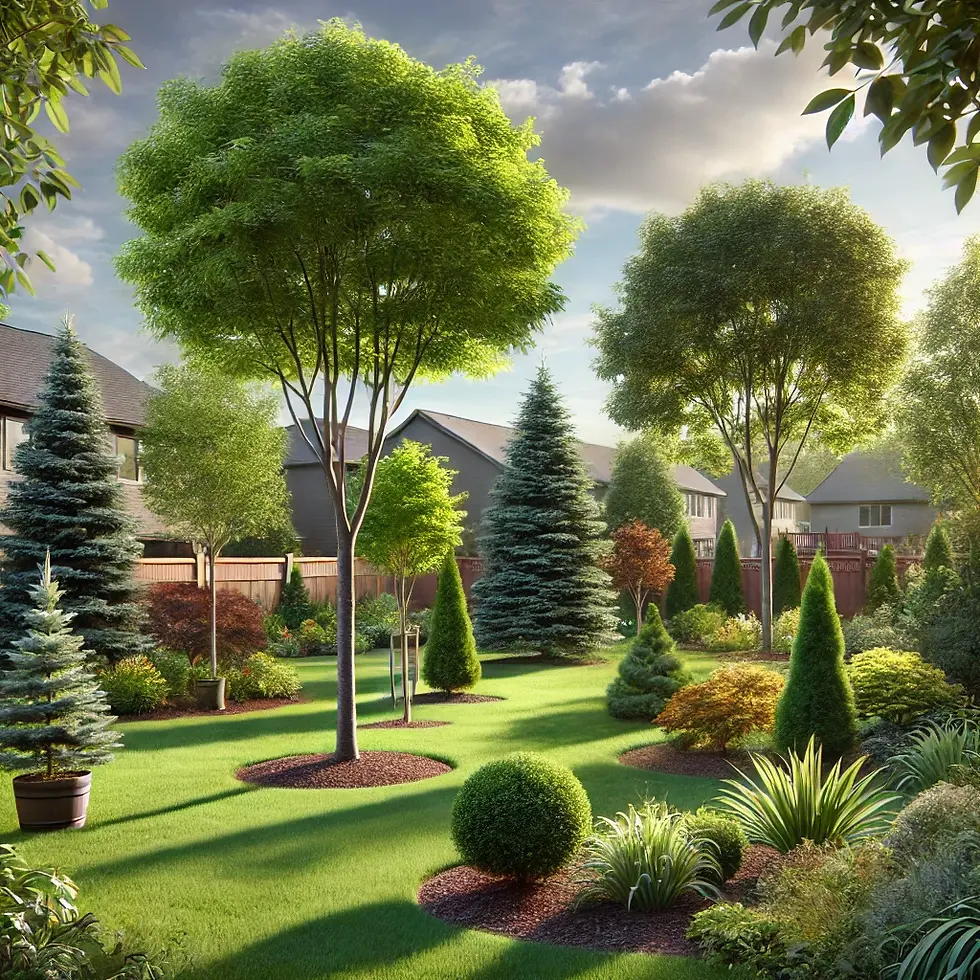 A photorealistic image of a beautifully landscaped backyard in Rochester, MN, featuring a variety of well-chosen trees that enhance curb appeal and provide shade