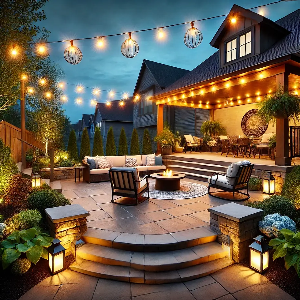 A beautifully lit backyard patio in Rochester, MN, featuring warm string lights, pathway lighting, and a fire pit surrounded by lush landscaping, creating a cozy outdoor ambiance.
