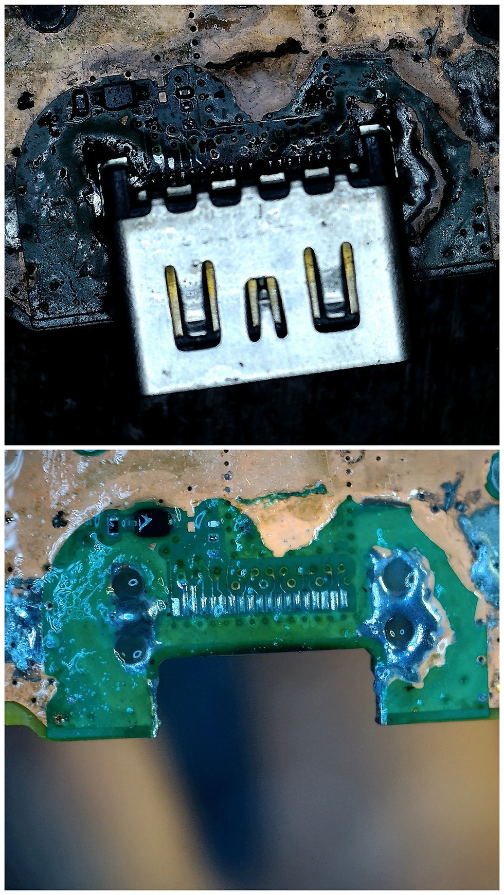 Close-up micro-soldering inspection of a botched PS5 HDMI port repair showing torn copper pads, scorched PCB solder mask, and drilled-out structural mounting holes on the PlayStation 5 motherboard.
