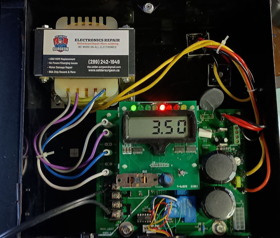 A Saniclear 40 pool chlorinator circuit board following component-level repair on an electronics workstation. The image highlights a newly installed high-current connector and clean motherboard trace reconstruction where previous carbonized burns and a shorted rectifier diode were fixed.