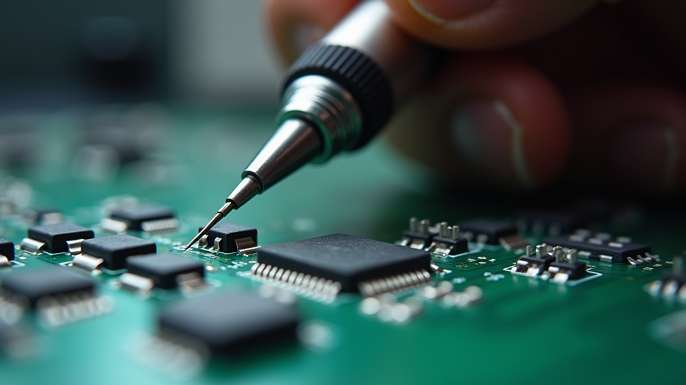 Close-up view of a soldering iron in action on a circuit board