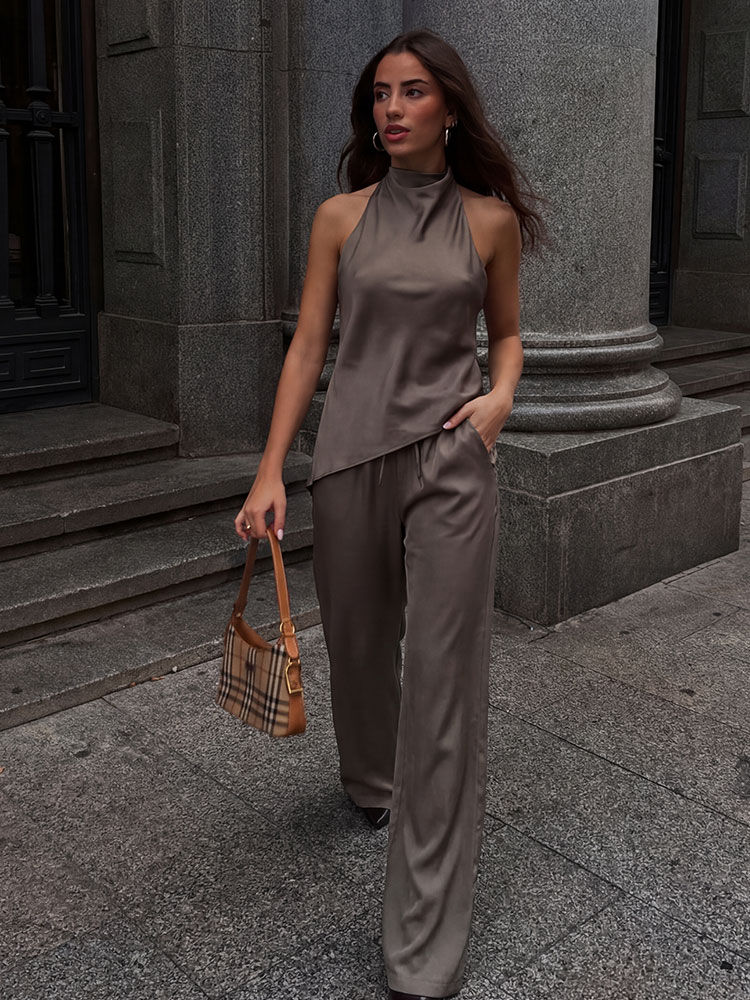 HH Womens Luxury Satin Two Piece Set Halter Neck Asymmetrical Top And Wide Leg P