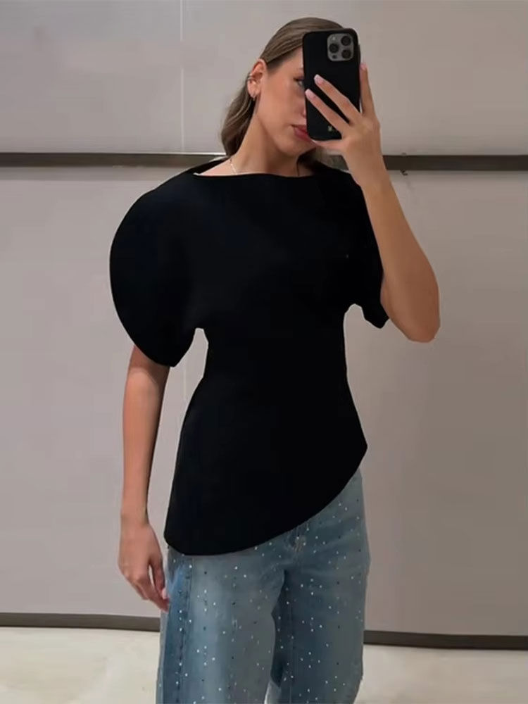 Thumbnail: HH Women Vintage Black Short Puff Sleeve Shirts O Neck Asymmetrical Hem Blouse 2