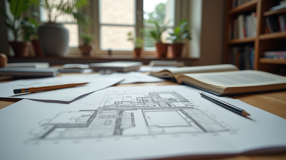 Eye-level view of a study desk with architecture books and sketching tools