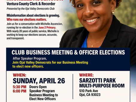 "Meet the Candidate" Event April 26th, Sarzotti Park, 6pm Ojai