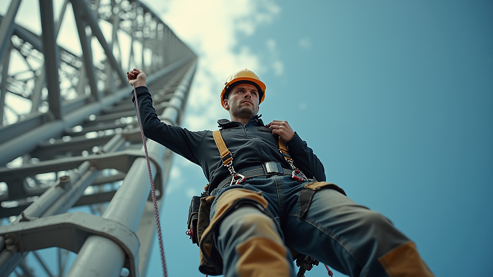 Vue en plongée d’un technicien équipé de harnais travaillant sur une structure métallique en hauteur