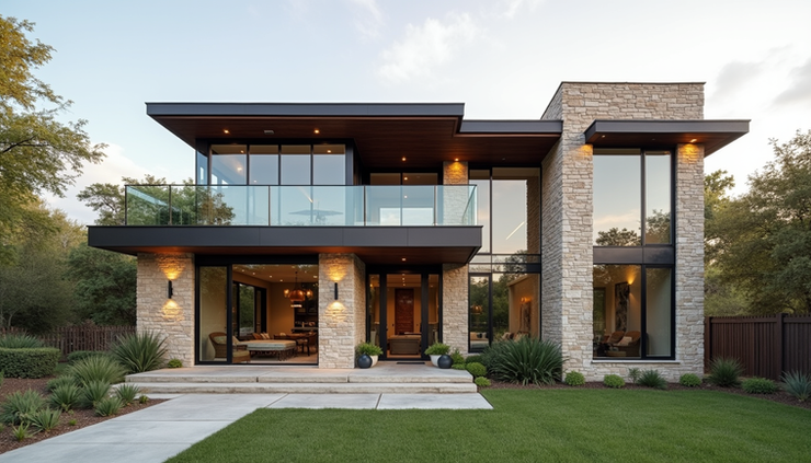 Wide angle view of a modern Texas home exterior with natural stone and large windows