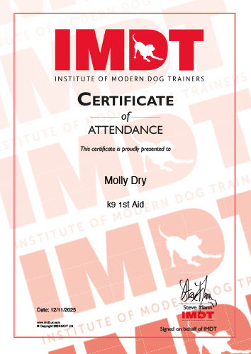 Molly Dry IMDT K9 First Aid Certificate of Attendance issued by the Institute of Modern Dog Trainers