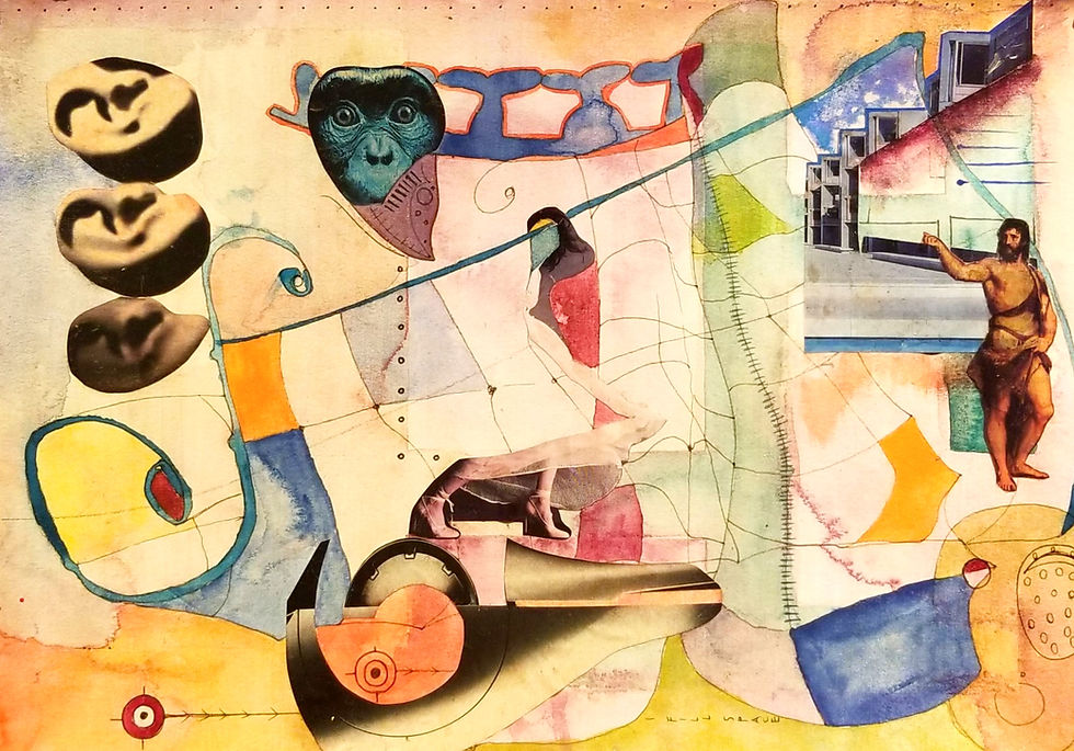 a mixed media artwork with collage, watercolor, and ink, with ears, drawn shapes, part of a monkey's face, part of a woman in high heels and a dress, a Greco-Roman depiction of a man gesturing toward her, an Inuit mask, architectural features, and abstract design elements
