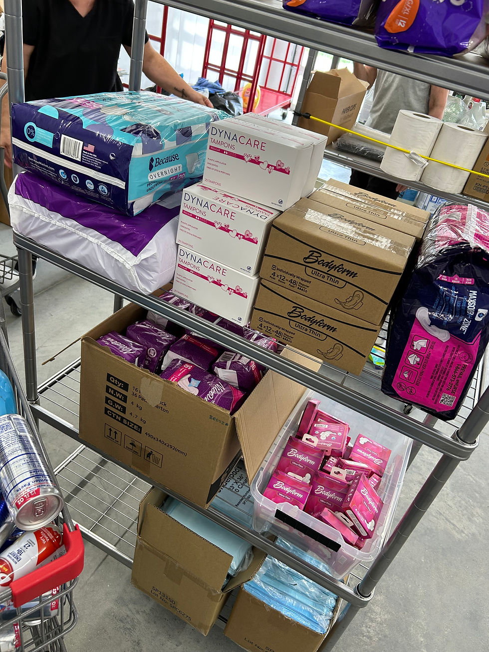 A rolling metal shelf is loaded with incontinence and period products from our Giveaway Events. 