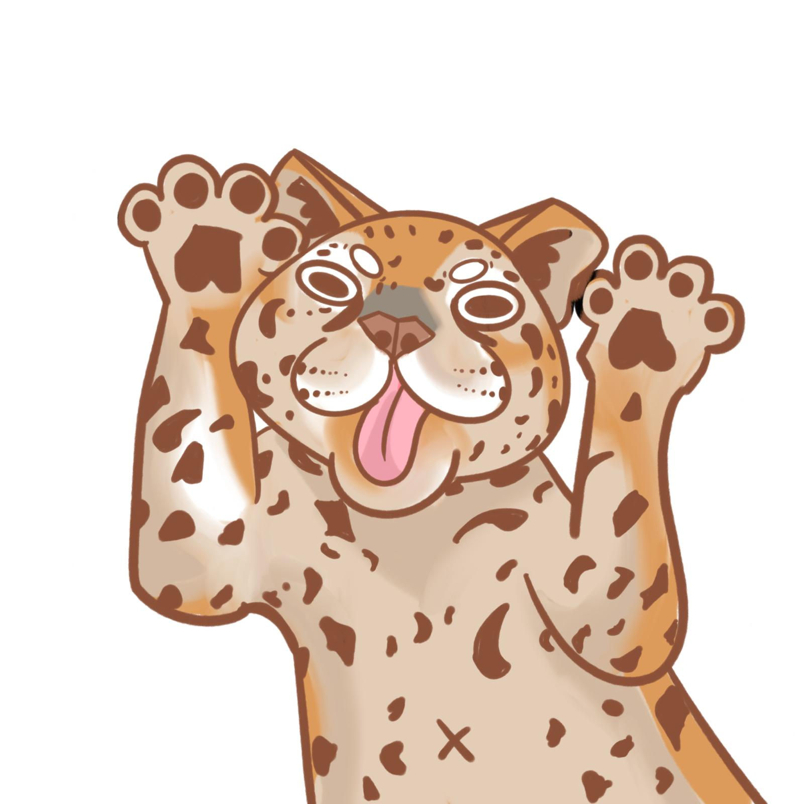 Cartoon spotted cat making a silly face with paws up
