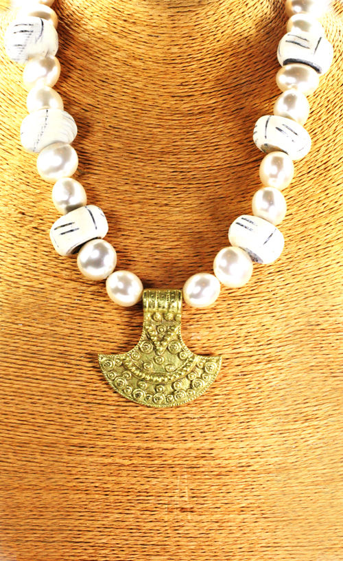 Thumbnail: African Mud Bead & Gold Pendant Necklace