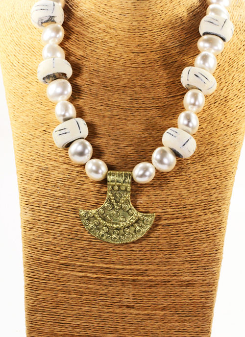 Thumbnail: African Mud Bead & Gold Pendant Necklace