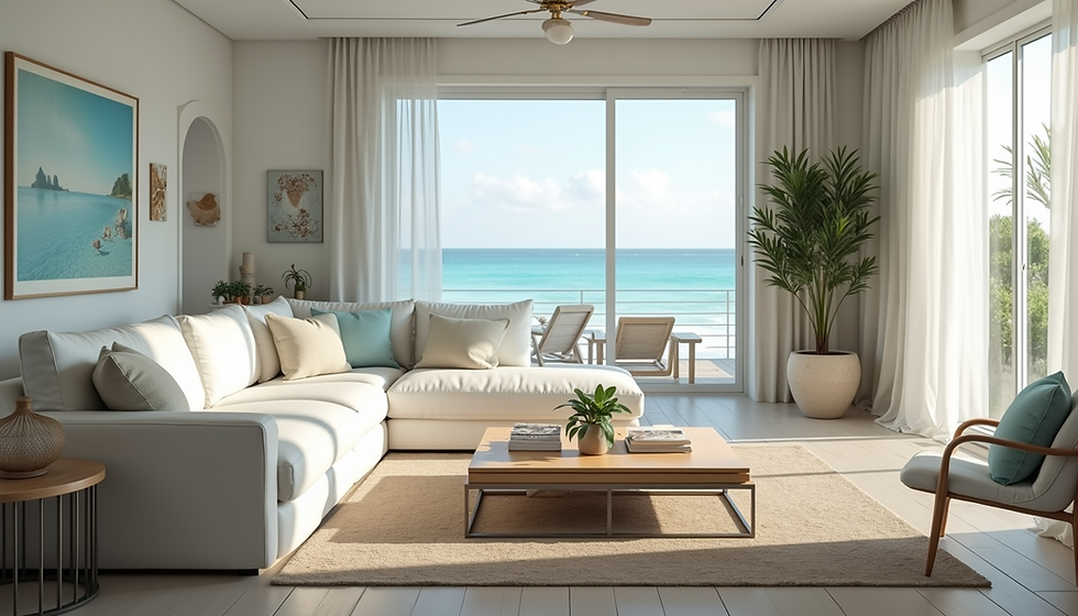 Bright coastal living room with white sofa, ocean view, and beach-inspired decor