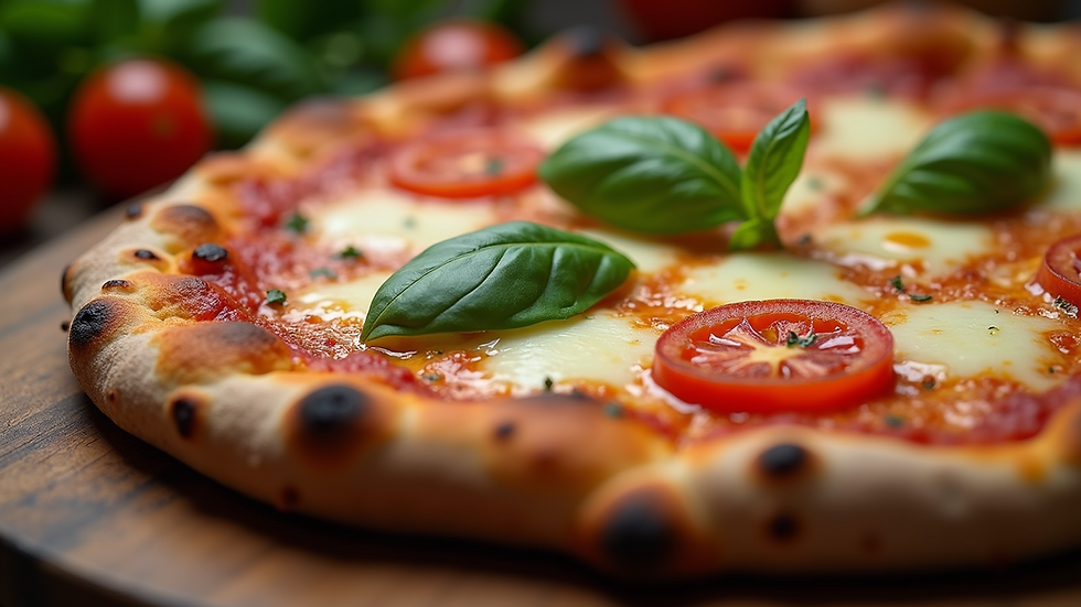 Eye-level view of a classic Margherita pizza with melted cheese and fresh basil