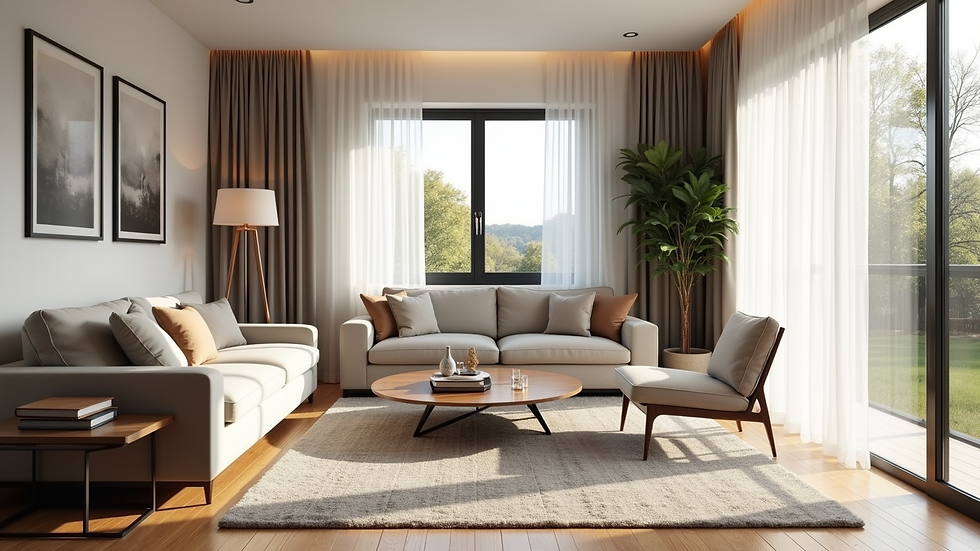 Eye-level view of a beautifully renovated living room with modern decor