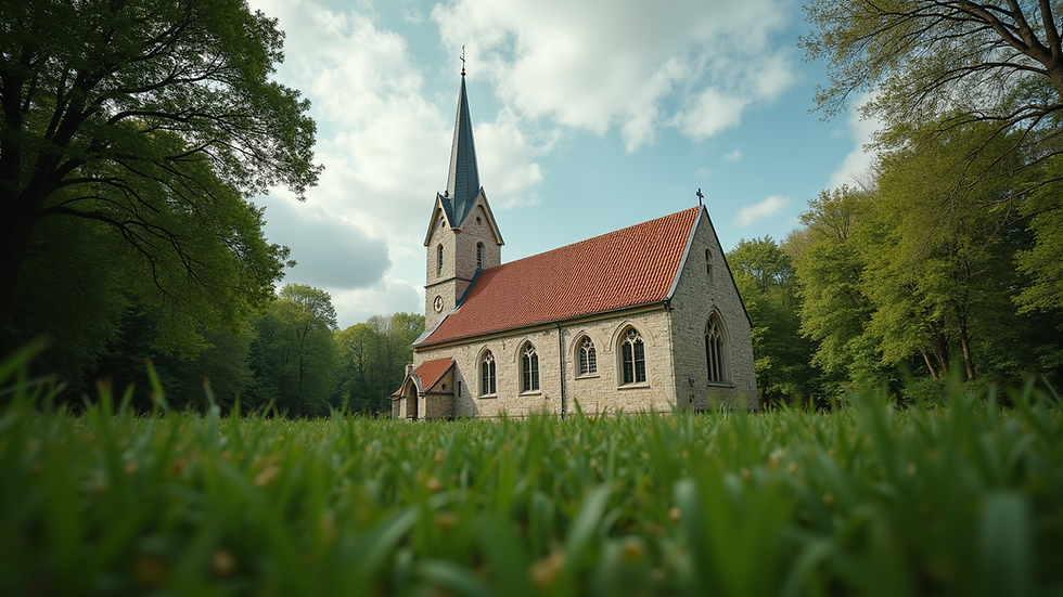 Eye-level view of a church building surrounded by greenery