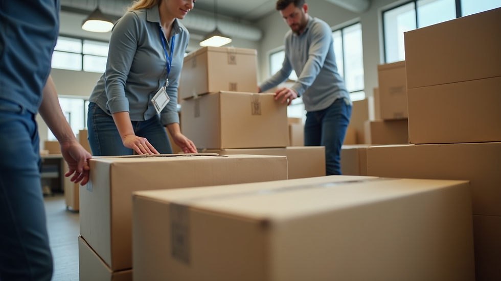 Close-up view of movers carefully packing office equipment