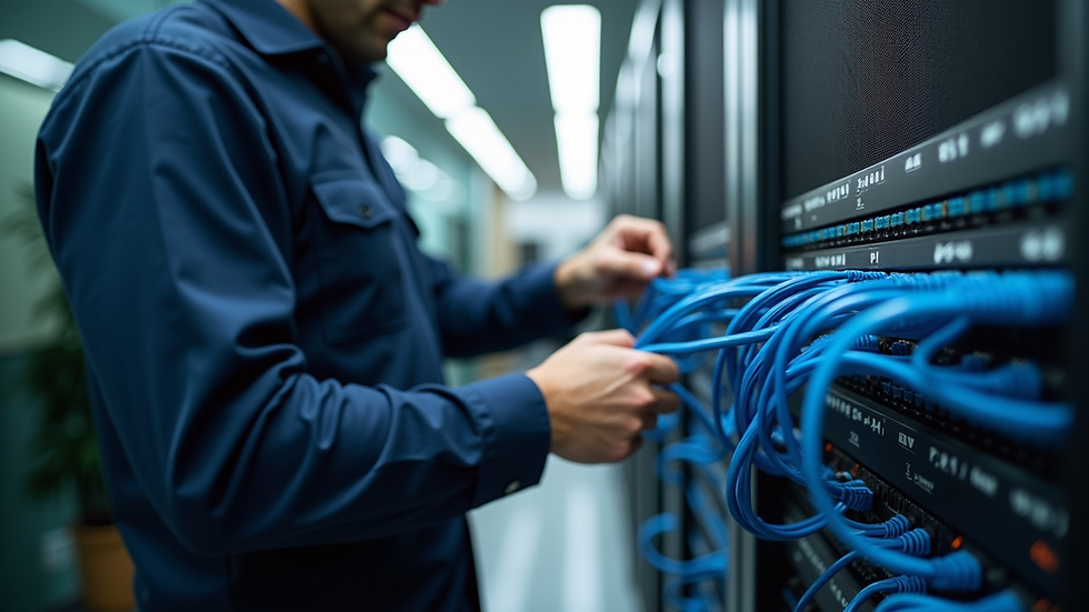 Close-up view of a technician setting up office network cables