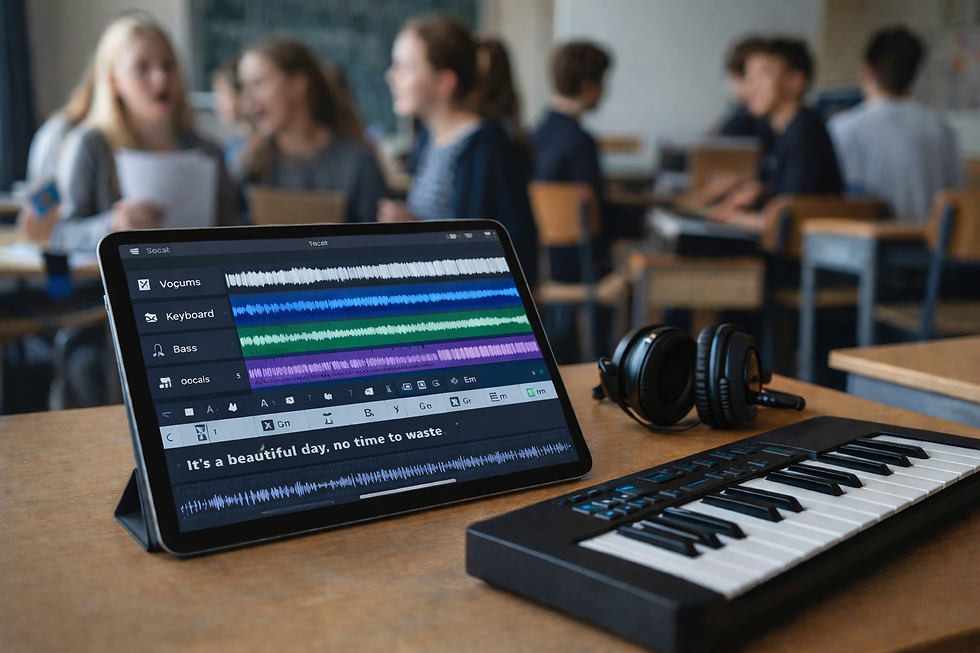 Tablet mit Spurentrennung Software die mit KI Songs in Spuren trennt und Notiz „It's a beautiful day...“. Kopfhörer und Keyboard auf Tisch. Im Hintergrund unterhalten sich Schüler.
