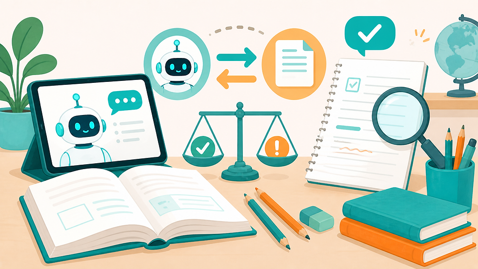 Tablet mit fröhlichem Roboter, Waage, Notizbuch, Bücher und Stifte auf Schreibtisch. Pflanzen und Globus im Hintergrund. Farben: Türkis, Orange.
