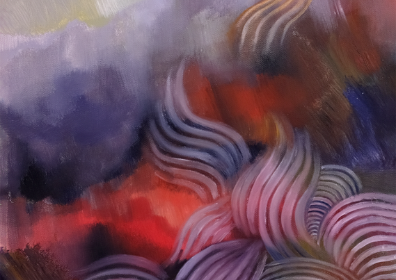 Oil painting in red and violet and white depicting a young artist's idea of space time and quantum reality and what that might look like in physical space. 