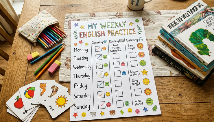 Overhead view of a weekly English practice chart with stickers and colourful pencils.