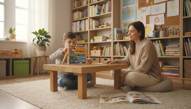 Wide-angle view of a relaxed child using an abacus with an adult helper nearby