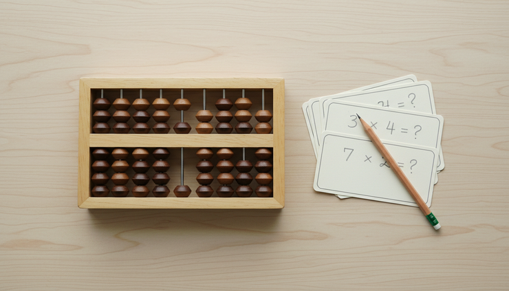 Overhead view of an abacus beside multiplication practice cards