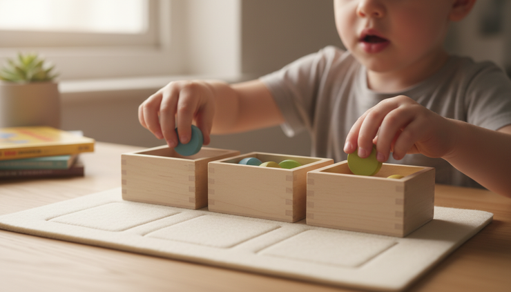 Close-up of hands moving wooden counters for each sound in a word