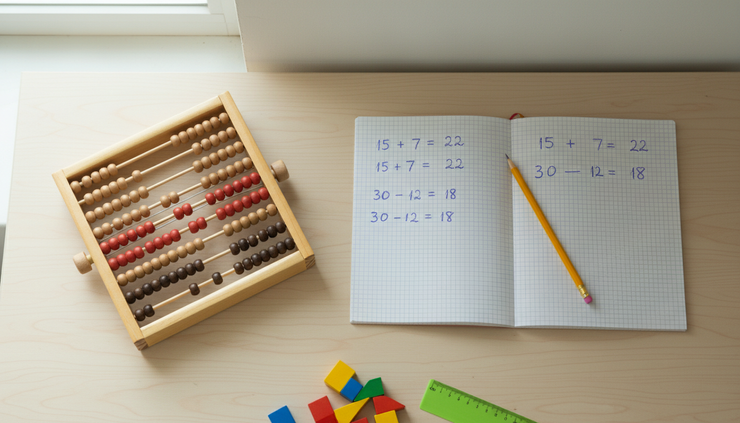 Overhead view of an abacus beside handwritten sums in a maths notebook.