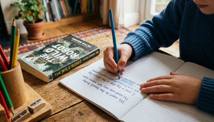Close-up view of a child editing a handwritten paragraph with a coloured pencil.