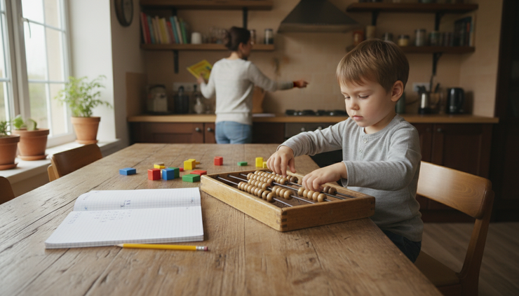 Wide-angle view of a child using an abacus in a quiet home learning space.
