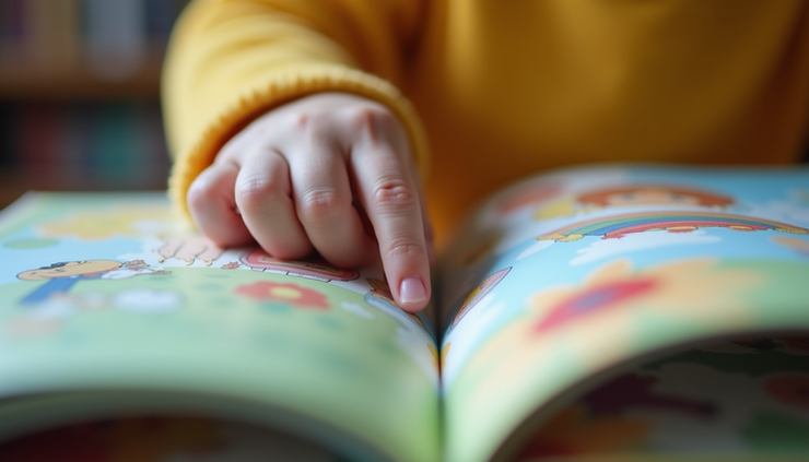 Close-up view of a child’s hand turning the pages of a colorful picture book