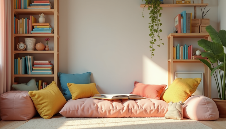 Eye-level view of a cozy reading nook with colorful children's books neatly arranged on shelves