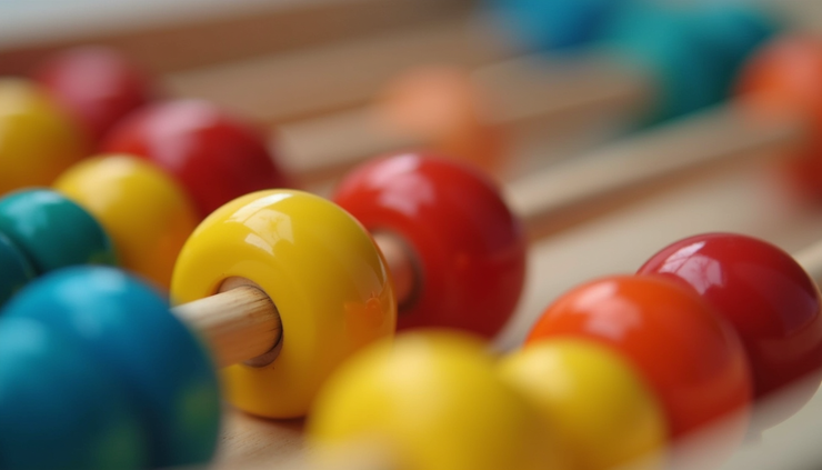 Close-up view of an abacus with colorful beads arranged for a math exercise