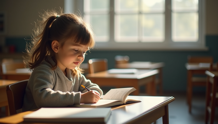 Eye-level view of a child reading an English book in a quiet study room