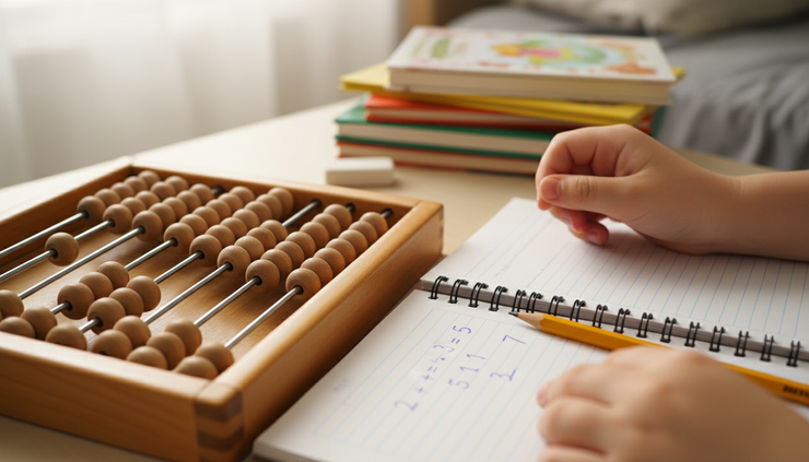 Close-up view of small hands arranging beads on an abacus beside handwritten number sums