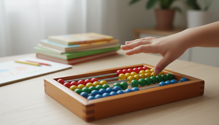 Close-up view of small hands moving beads on a wooden abacus