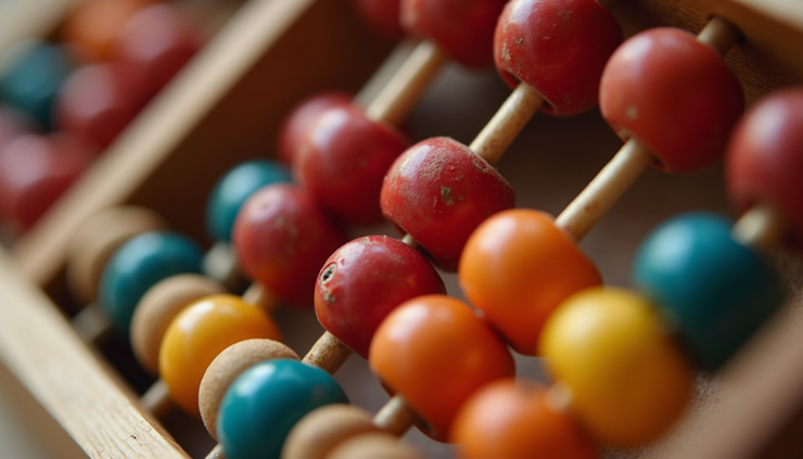 Close-up view of a colorful abacus with beads arranged for counting